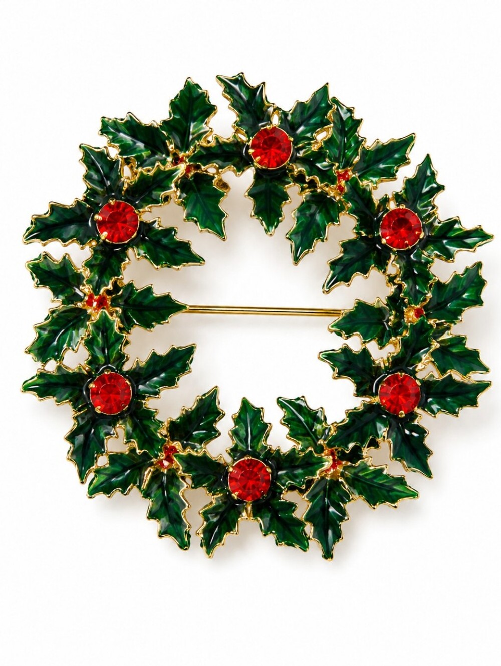 Vintage Christmas Holly Wreath Brooch Pin Red Rhinestone Enamel Gold Tone Holida
